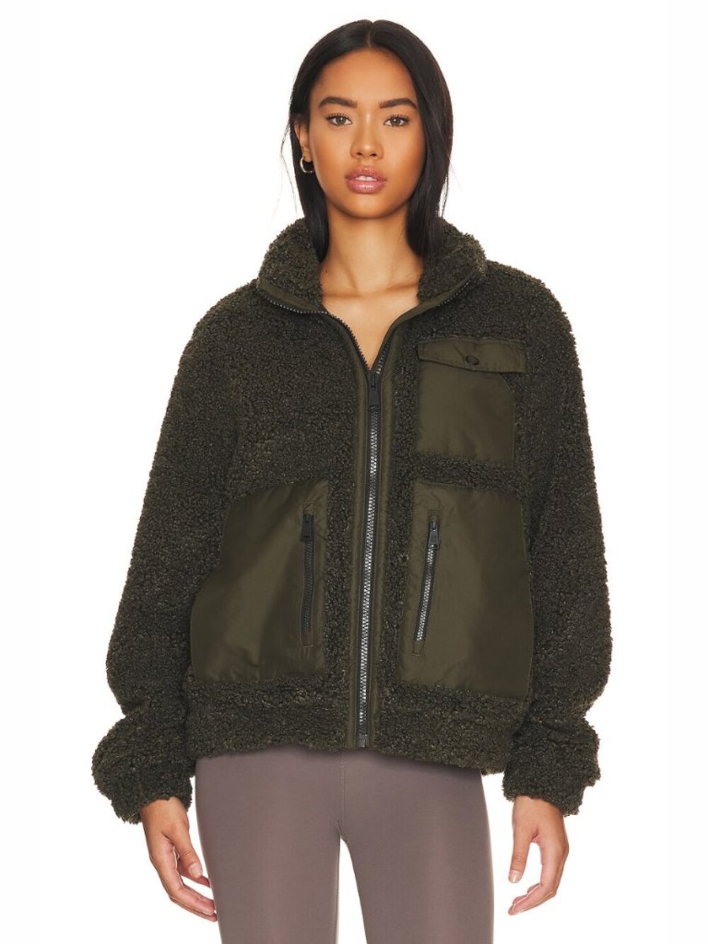 Alp N Rock Noelle II Faux Shearling Jacket Dark Moss Green Vegan Fleece Nylon